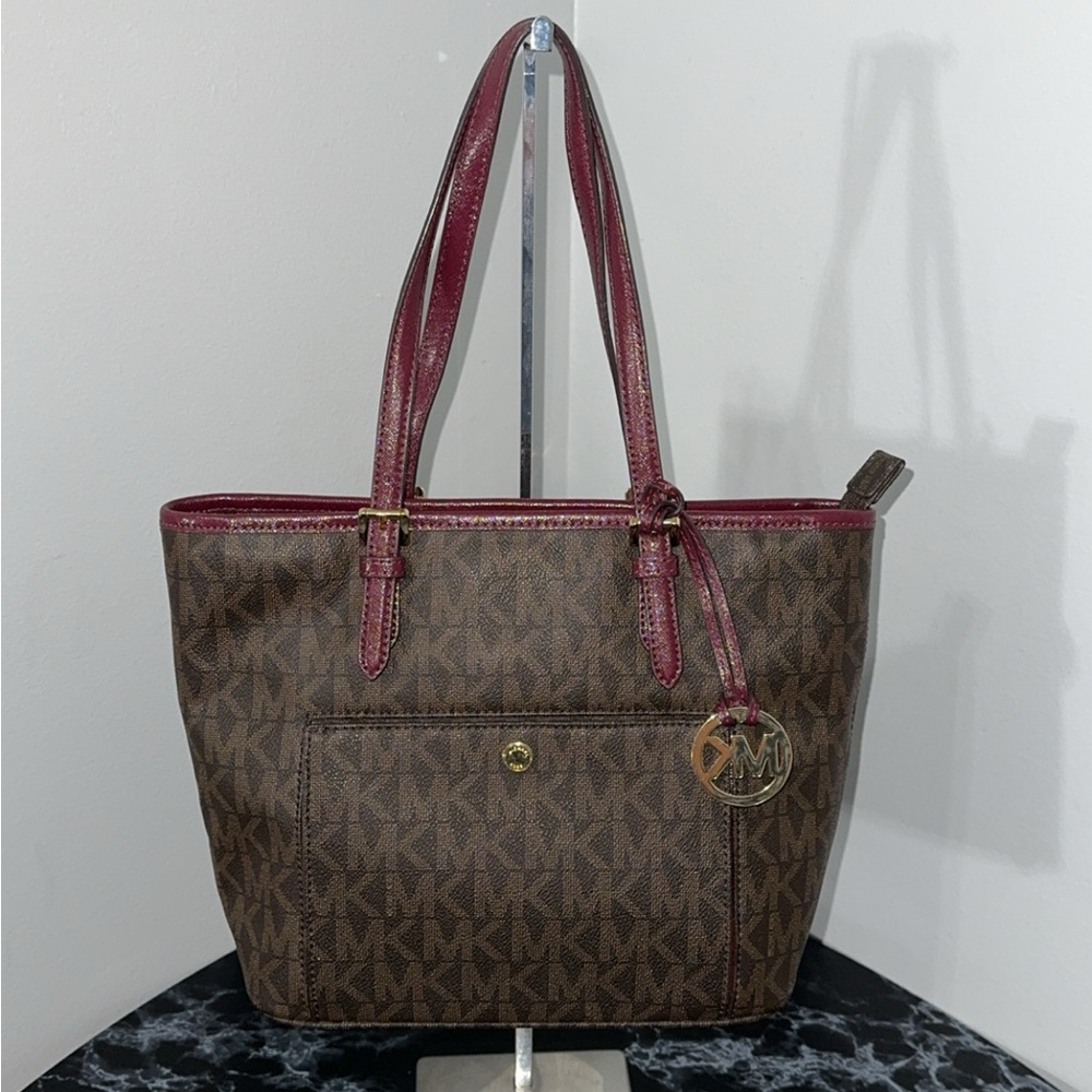 Michael Kors Jet Set Travel Medium Canvas Leather Tote Brown/Red Authentic
